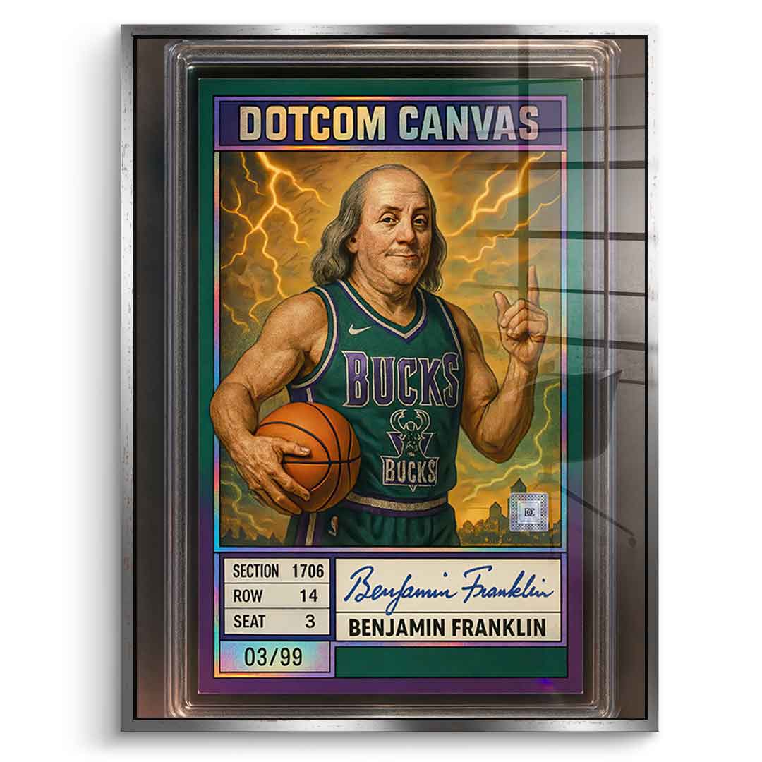 DOTCOMCANVAS® Benjamin Franklin Basketball Card Acrylglasbild mit silbernem Rahmen Frontansicht