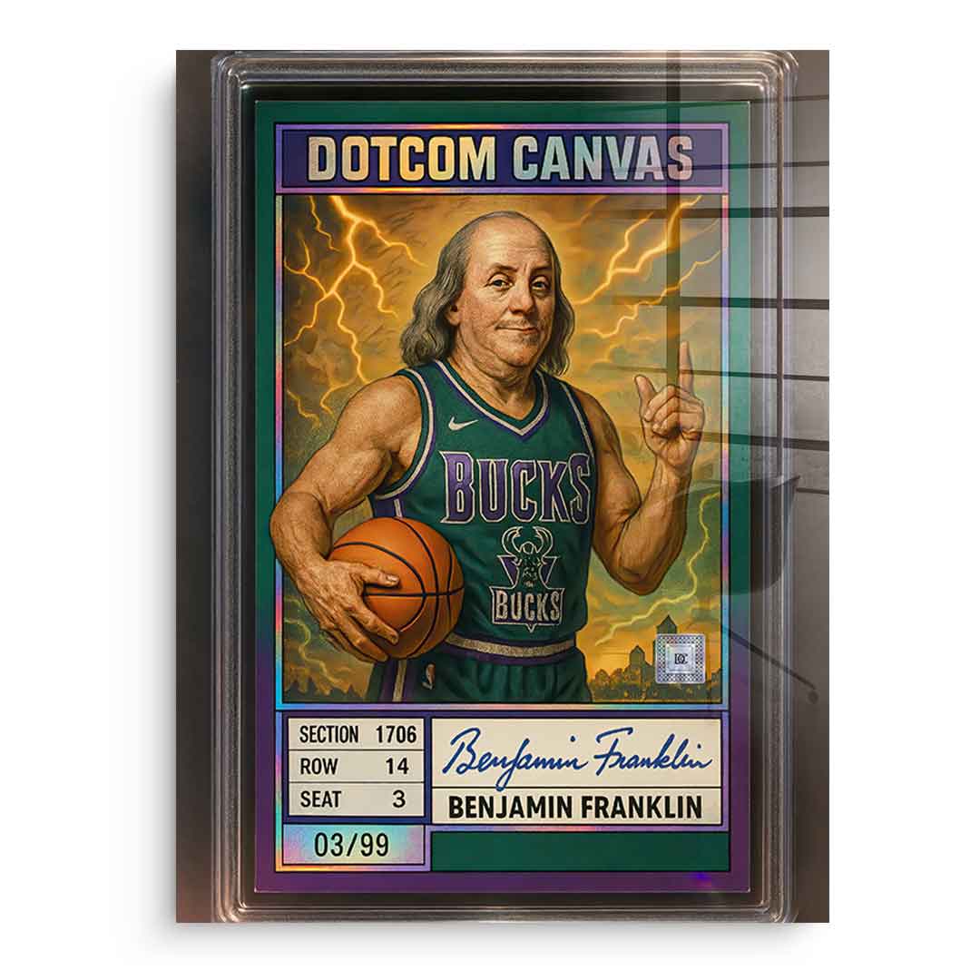 DOTCOMCANVAS® Benjamin Franklin Basketball Card Acrylglasbild ohne Rahmen Frontansicht – Pop-Art Milwaukee-Bucks-Rookie-Sammelkarte