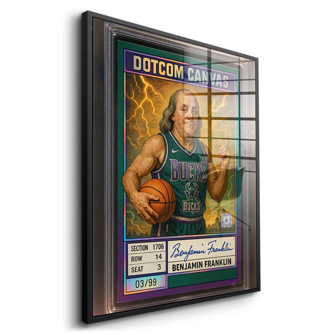 DOTCOMCANVAS® Benjamin Franklin Basketball Card Acrylglasbild mit schwarzem Rahmen Seitenansicht