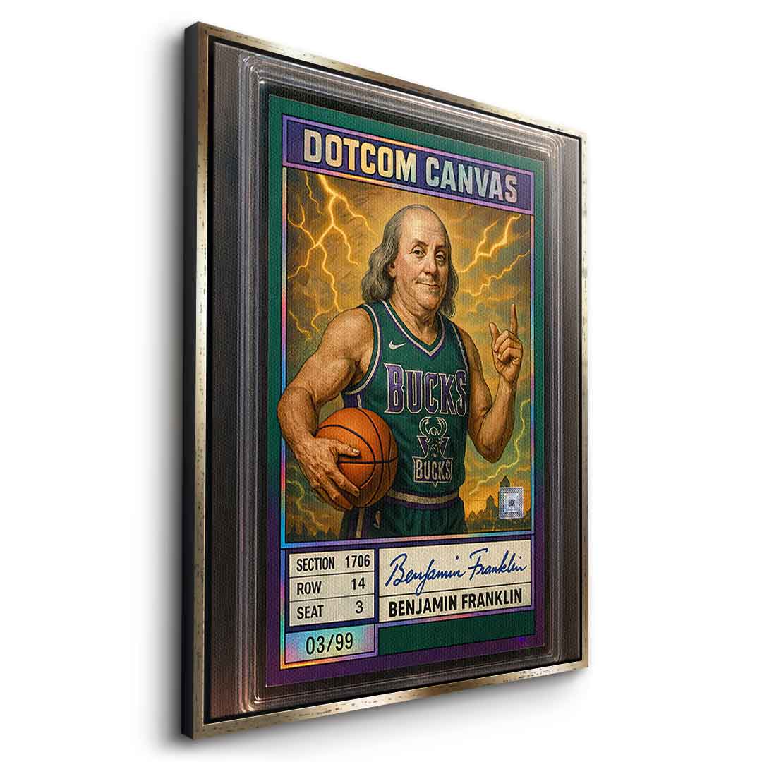DOTCOMCANVAS® Benjamin Franklin Basketball Card Leinwandbild mit goldenem Rahmen Seitenansicht