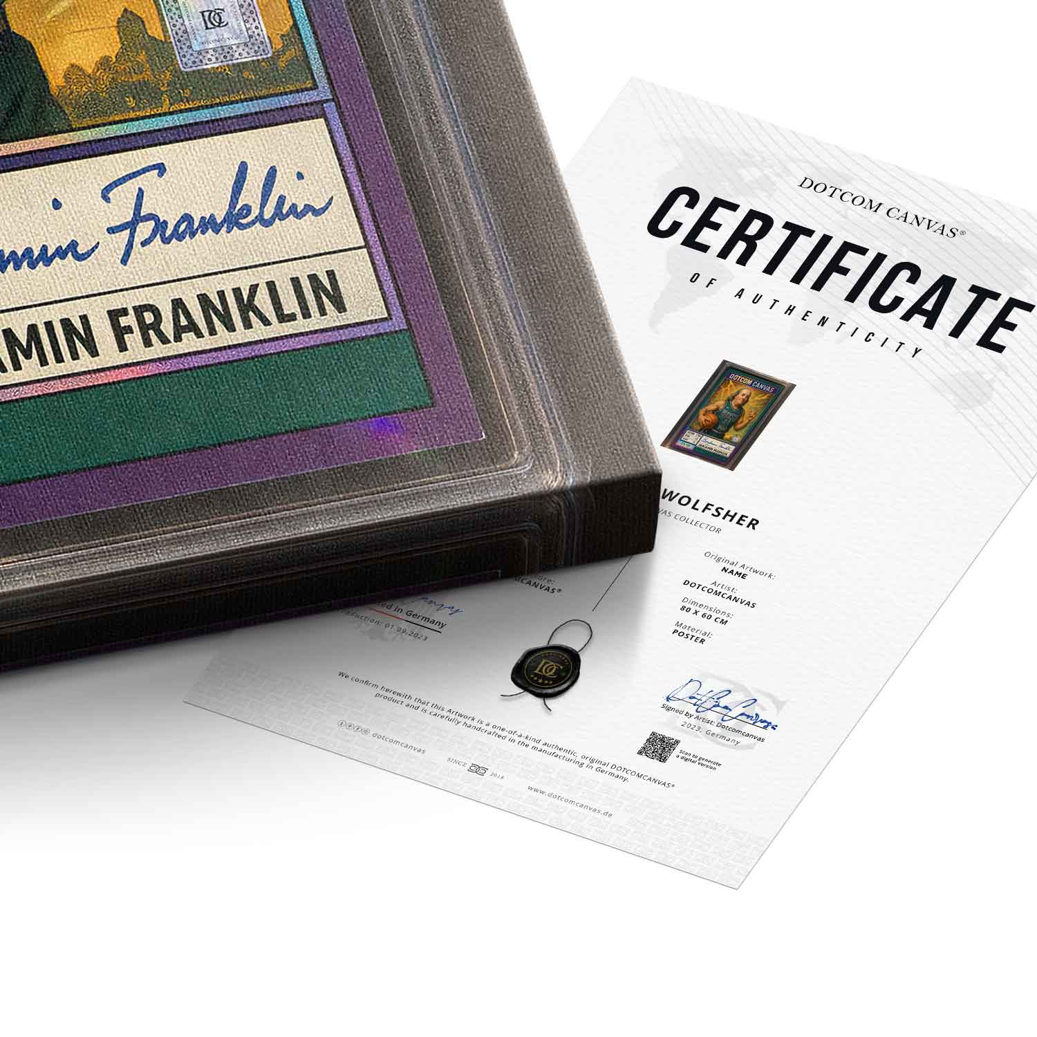 DOTCOMCANVAS® Benjamin Franklin Basketball Card Leinwandbild Echtheitszertifikat