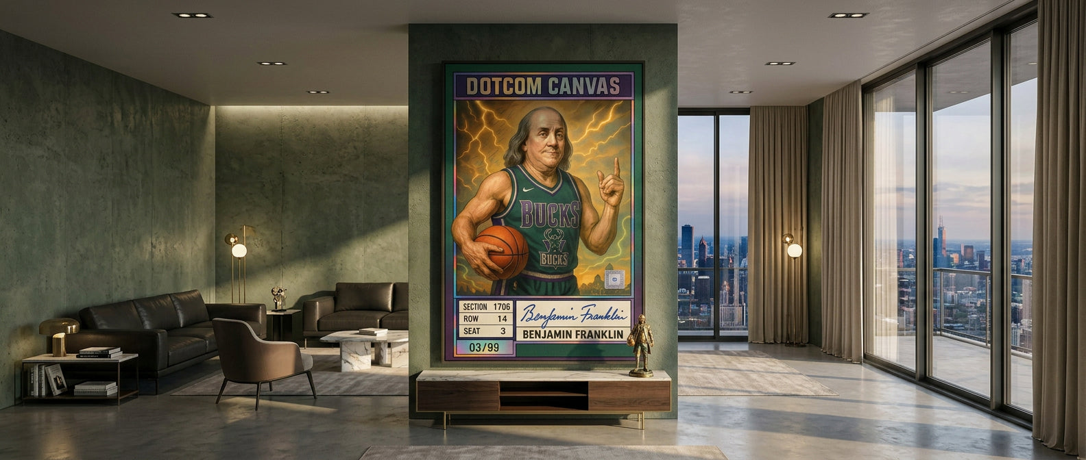 DOTCOMCANVAS® Benjamin Franklin Basketball Card Leinwandbild Website Banner