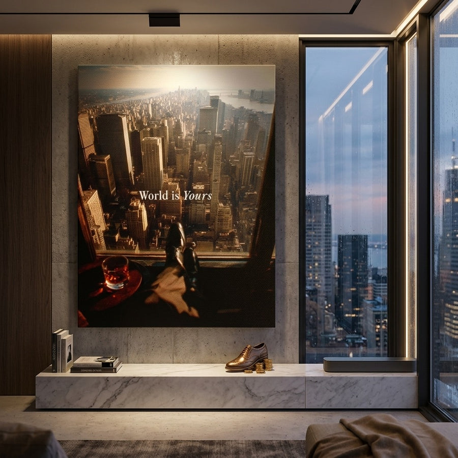 DOTCOMCANVAS World is Yours Leinwandbild Raum Mockup Wohnzimmer
