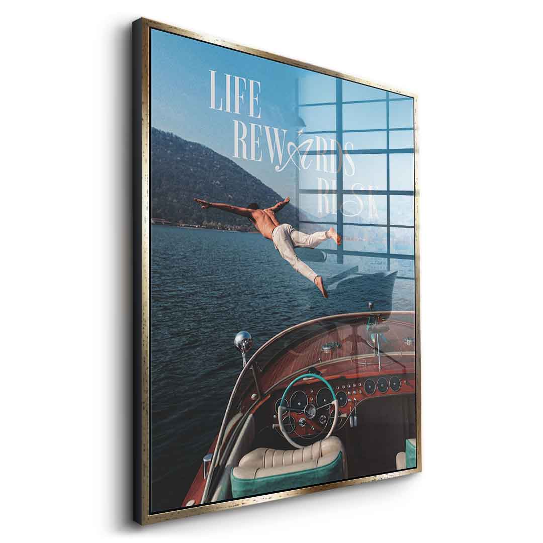 DOTCOMCANVAS Life Rewards Risk Acrylglasbild Seitenansicht silberner Rahmen