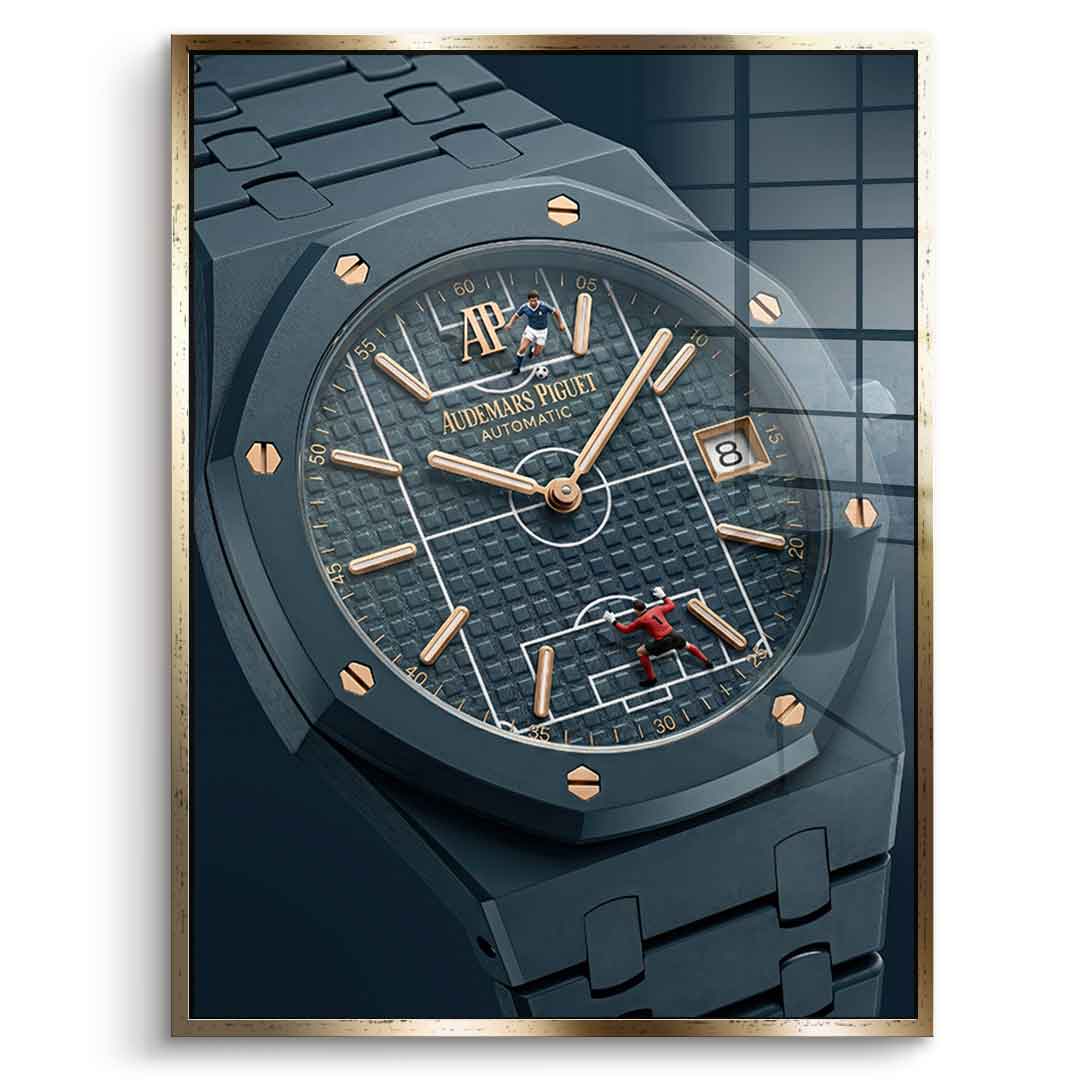 Luxury Timepiece – Football Acrylglasbild Gold Rahmen
