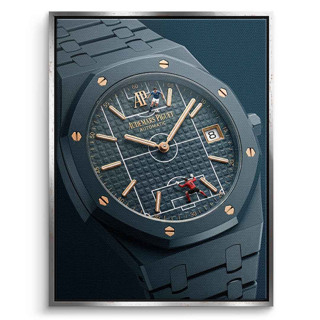 Luxury Timepiece – Football Leinwandbild Schwarz Rahmen
