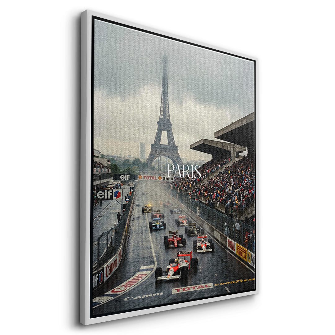 Paris F1 Leinwandbild – Seitenansicht weißer Rahmen
