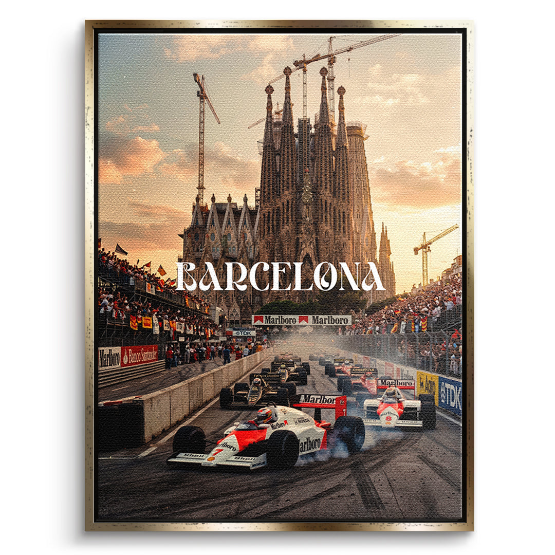 DOTCOMCANVAS Barcelona F1 Leinwandbild Vorderansicht mit Goldrahmen