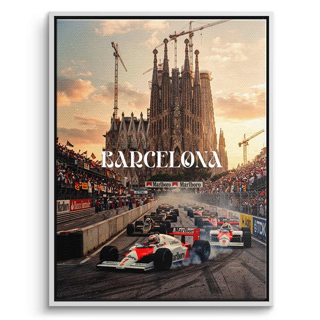 DOTCOMCANVAS Barcelona F1 Leinwandbild Vorderansicht mit weißem Rahmen