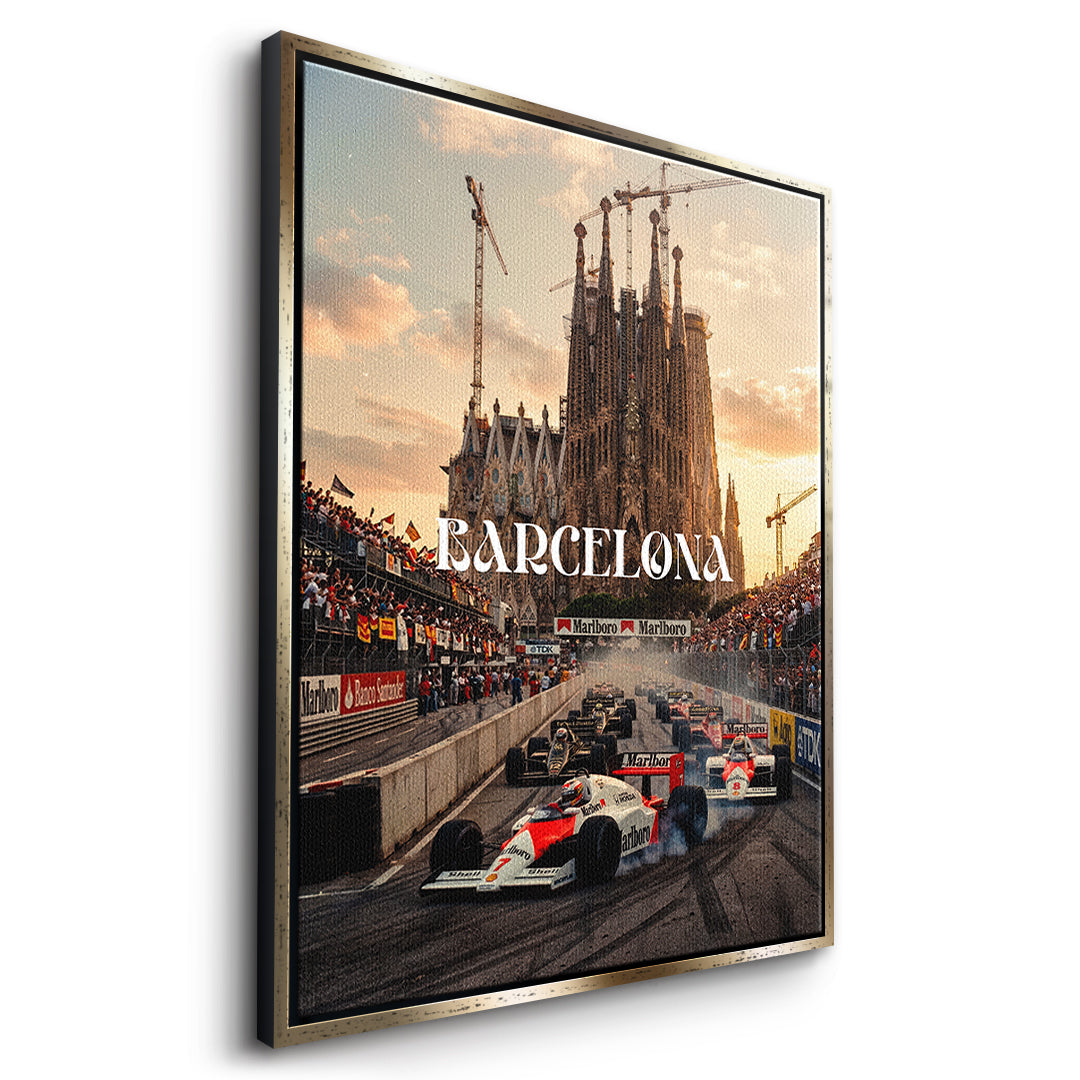 DOTCOMCANVAS Barcelona F1 Leinwandbild Seitenansicht mit Goldrahmen