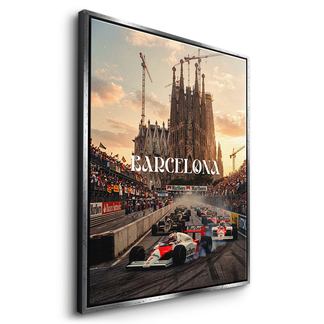 DOTCOMCANVAS Barcelona F1 Leinwandbild Seitenansicht mit Silberrahmen