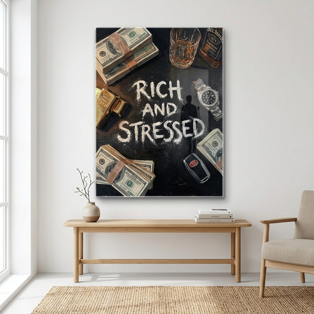 Rich and Stressed Whiskey & Cash Acrylglas Raum-Mockup