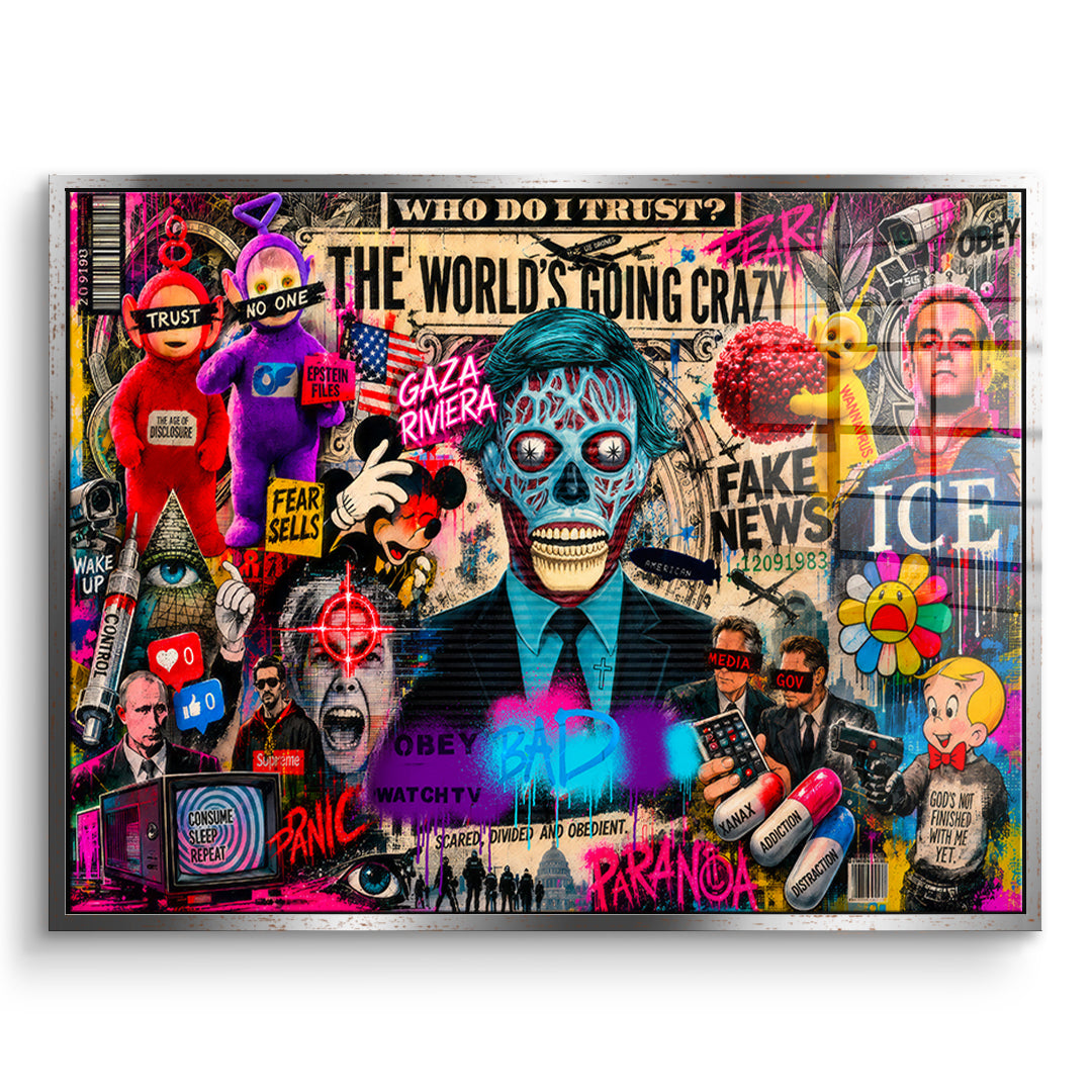 DOTCOMCANVAS THE WORLD IS GOING CRAZY Acrylglasbild Vorderansicht silberner Rahmen