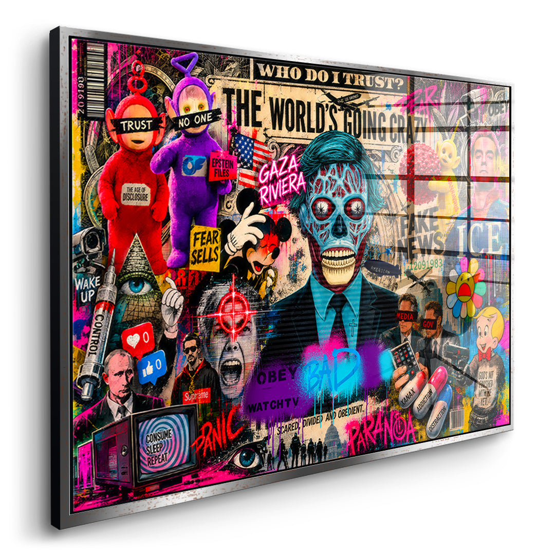 DOTCOMCANVAS THE WORLD IS GOING CRAZY Acrylglasbild Seitenansicht silberner Rahmen