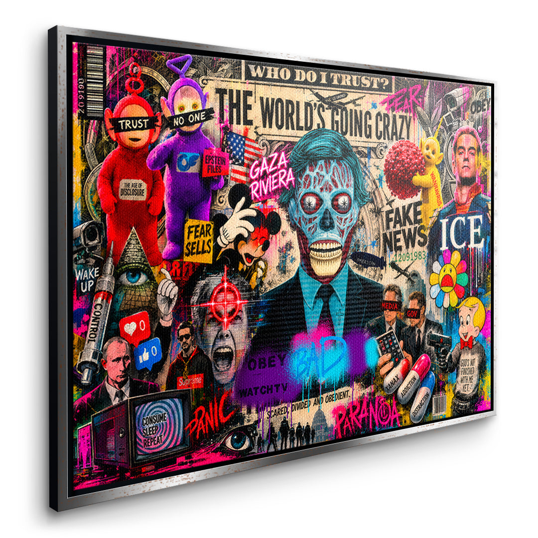 DOTCOMCANVAS THE WORLD IS GOING CRAZY Leinwandbild Seitenansicht silberner Rahmen