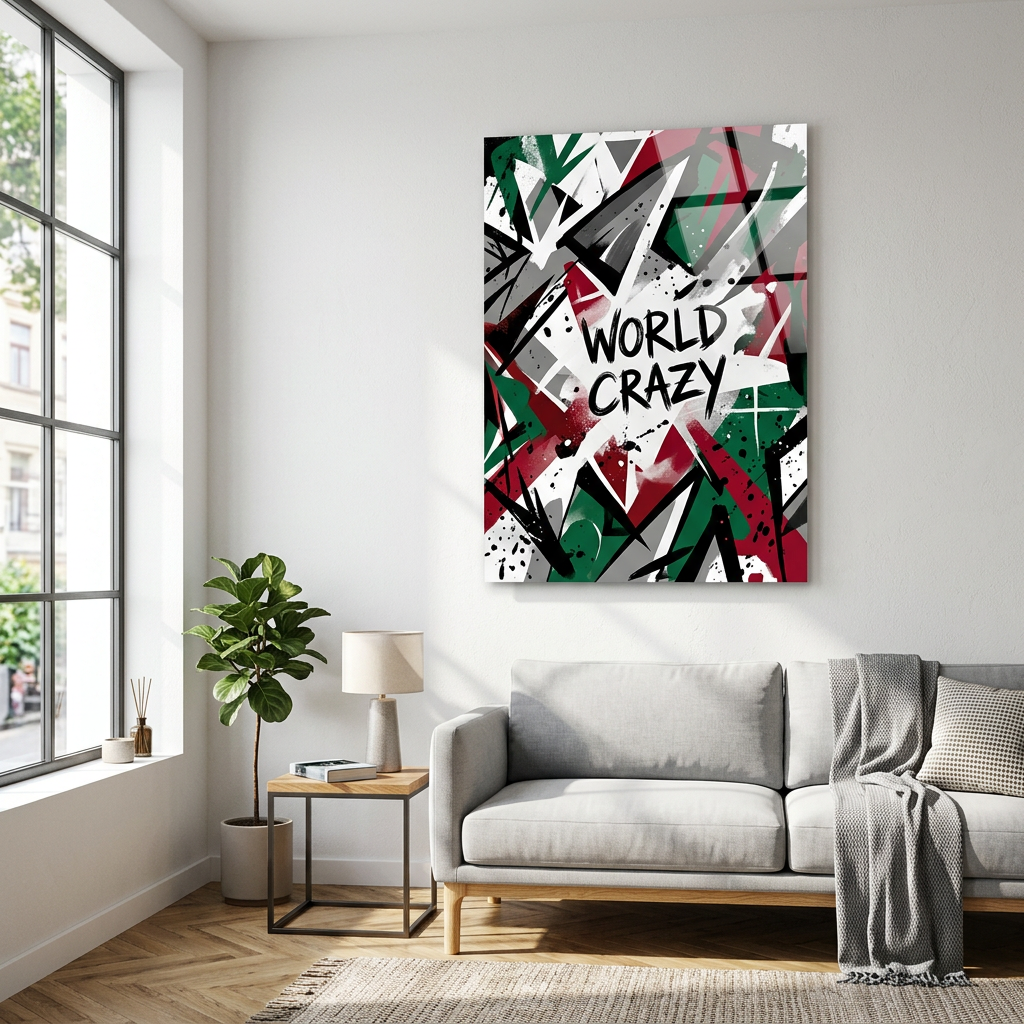 World Crazy Acrylglasbild Wohnzimmer Mockup