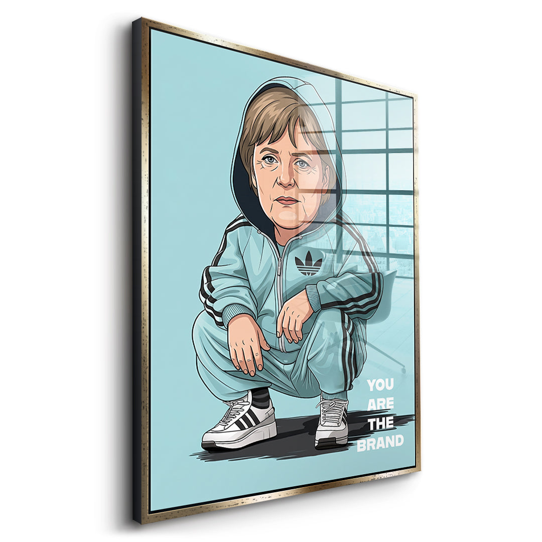 DOTCOMCANVAS Angela Merkel Swag Acrylglasbild Seitenansicht goldener Rahmen