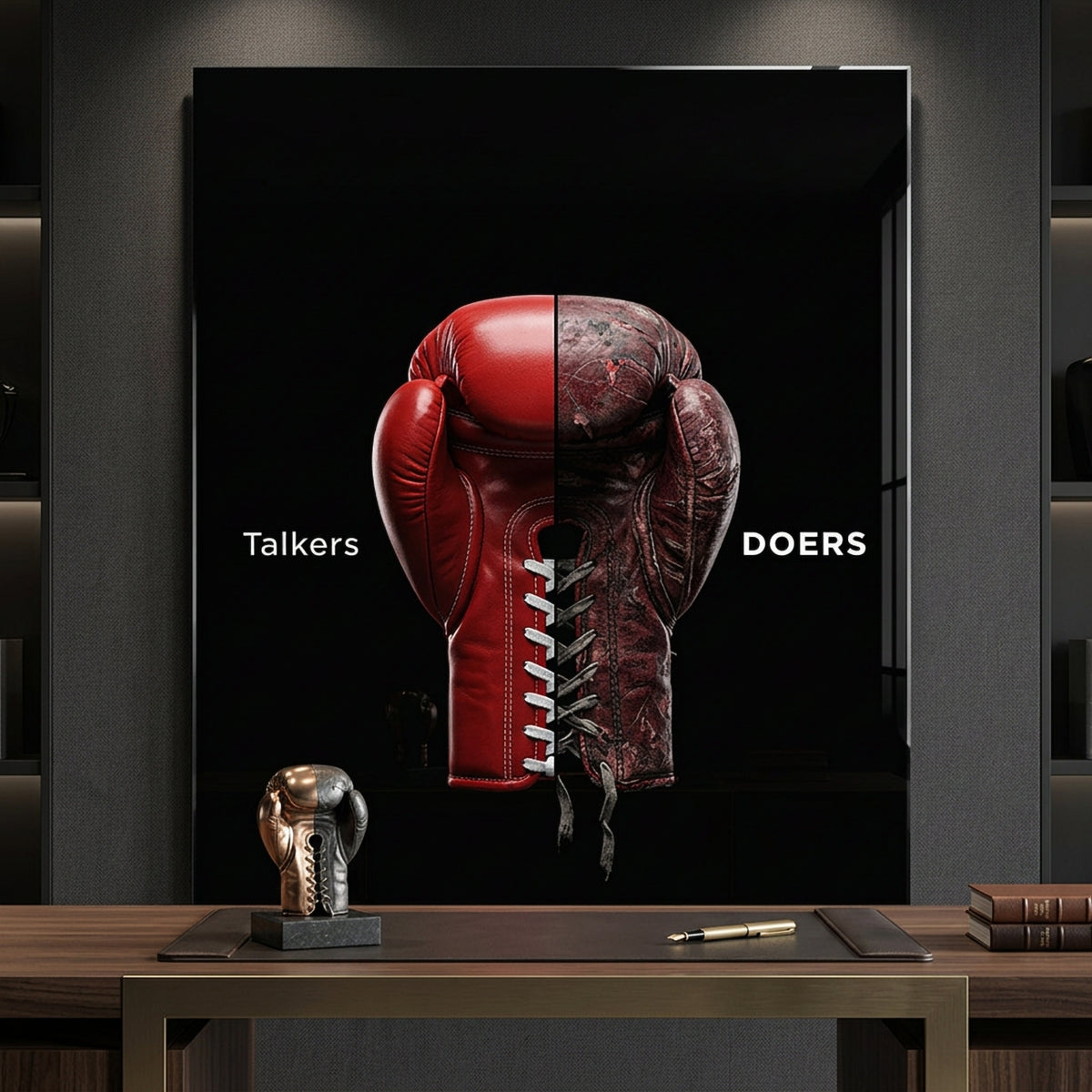 Acrylglasbild Talkers Vs Doers Boxing an der Wand eines modernen Wohnraums