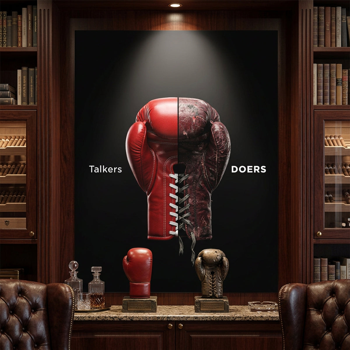 Poster Talkers Vs Doers Boxing an der Wand eines modernen Wohnraums