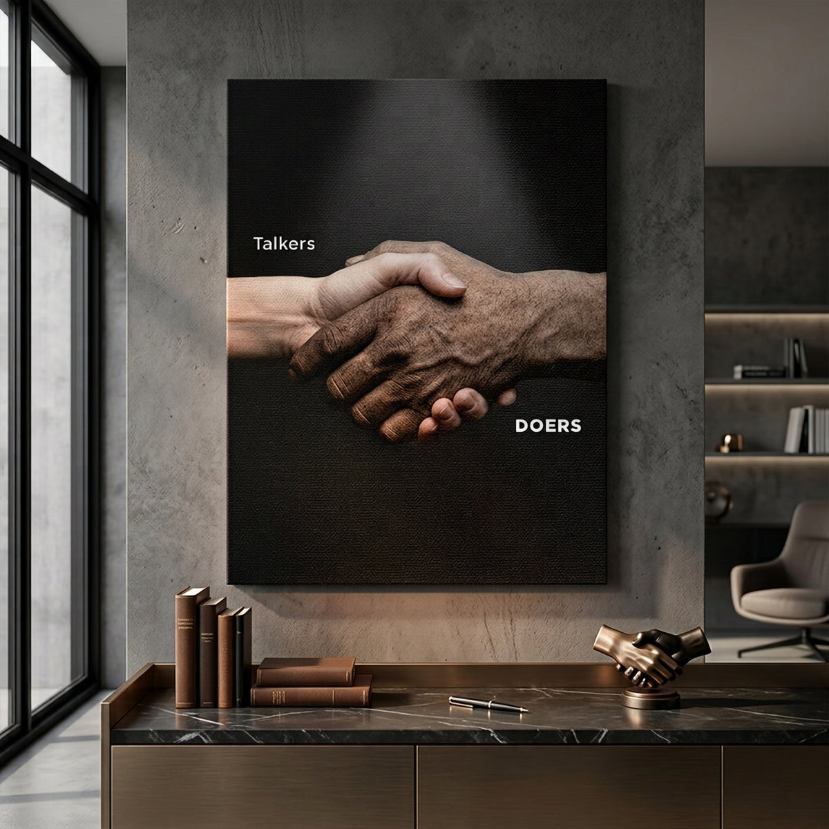 Leinwandbild Talkers Vs Doers Handshake an der Wand eines modernen Wohnraums
