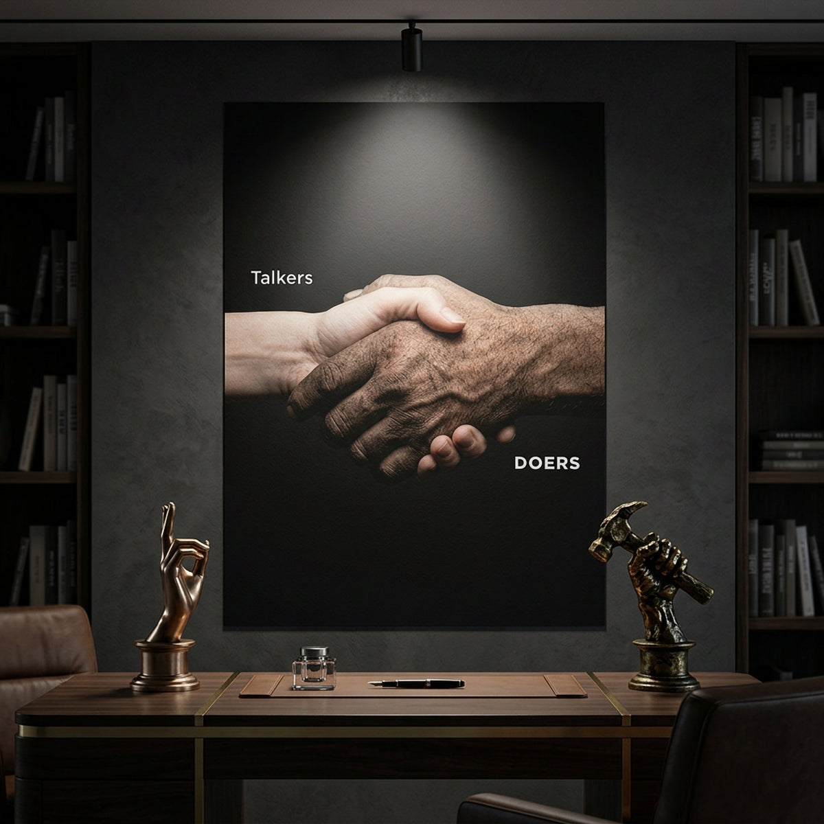 Poster Talkers Vs Doers Handshake an der Wand eines modernen Wohnraums