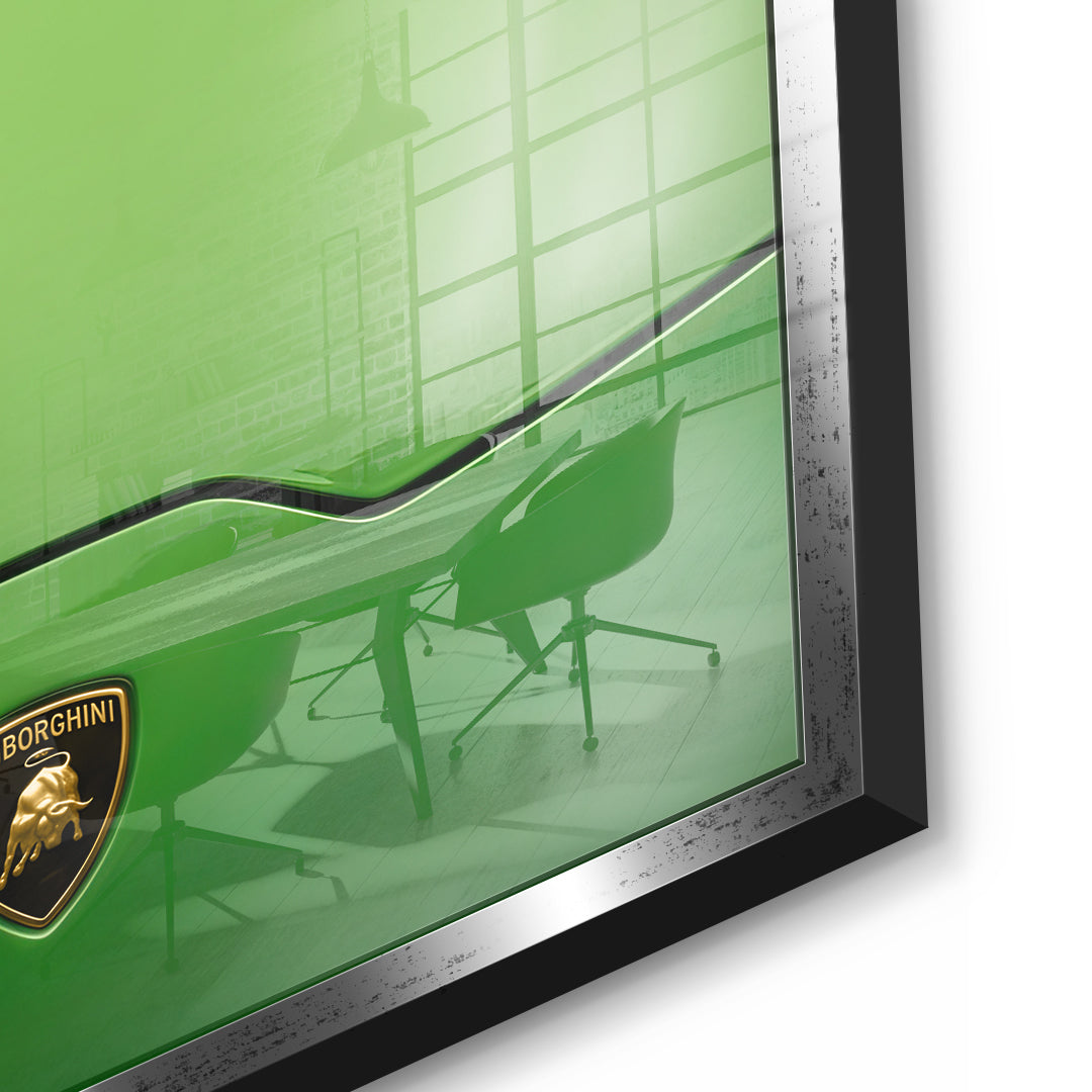 Detailansicht – Golf on the Hood Acrylglasbild mit silbernem Rahmen
