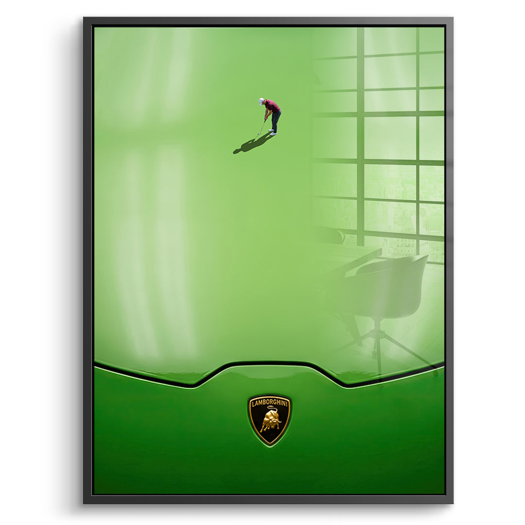 Golf on the Hood Acrylglasbild mit schwarzem Rahmen – DOTCOMCANVAS®