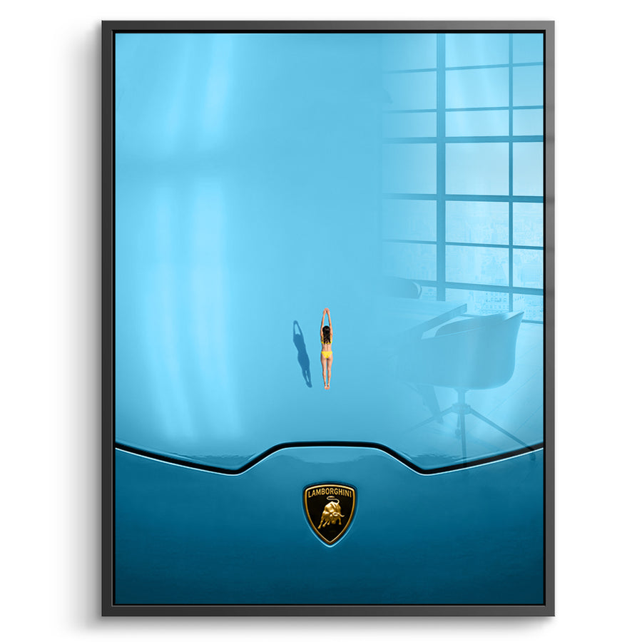 DOTCOMCANVAS Swim on the Hood Acrylglasbild Vorderansicht schwarzer Rahmen