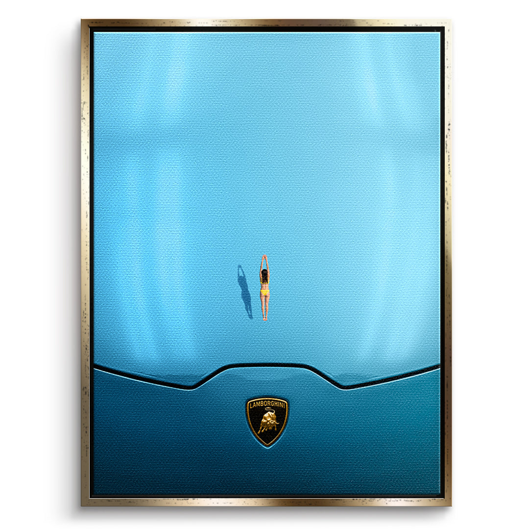 DOTCOMCANVAS Swim on the Hood Leinwandbild Vorderansicht goldener Rahmen