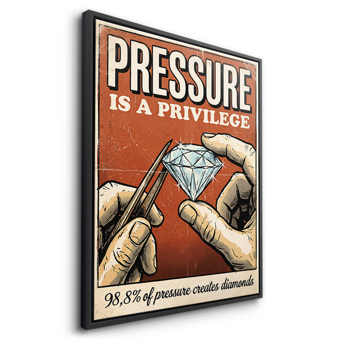 Seitenansicht des Leinwandbilds Pressure Is A Privilege im schwarzen Rahmen