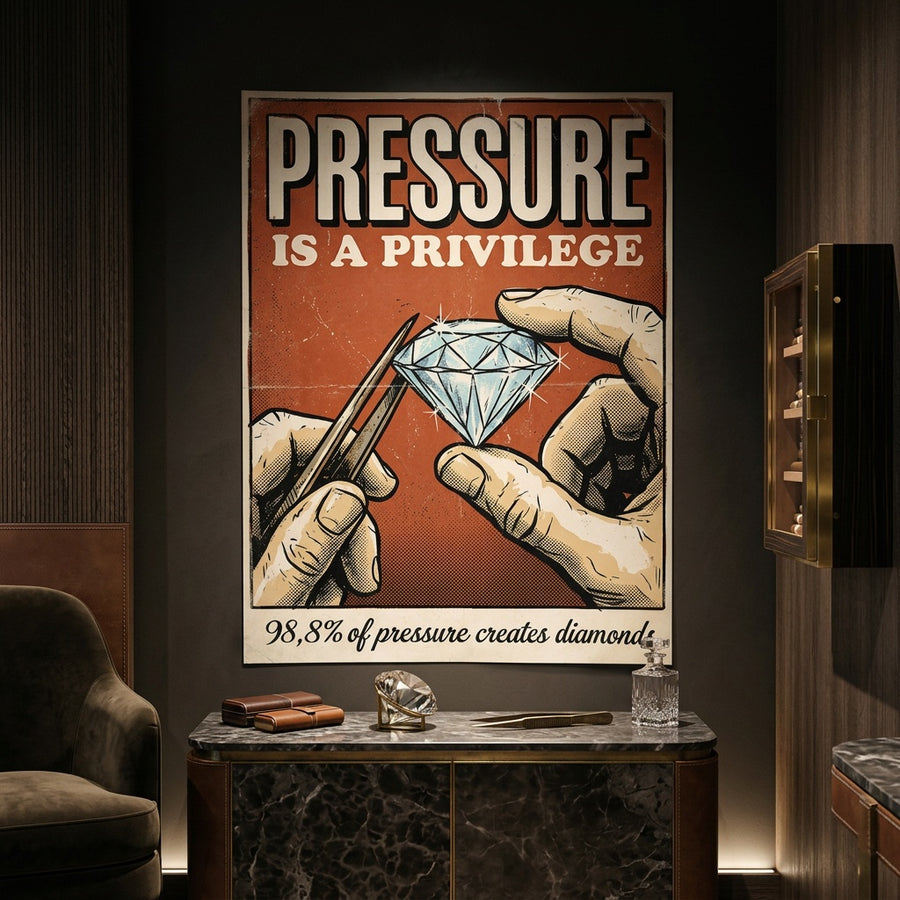 Poster Pressure Is A Privilege an der Wand eines modernen Wohnraums