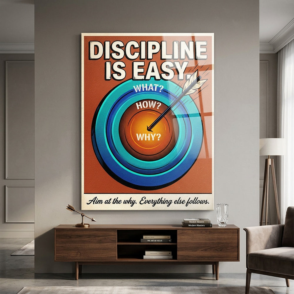 Acrylglasbild Discipline Is Easy an der Wand eines modernen Wohnraums