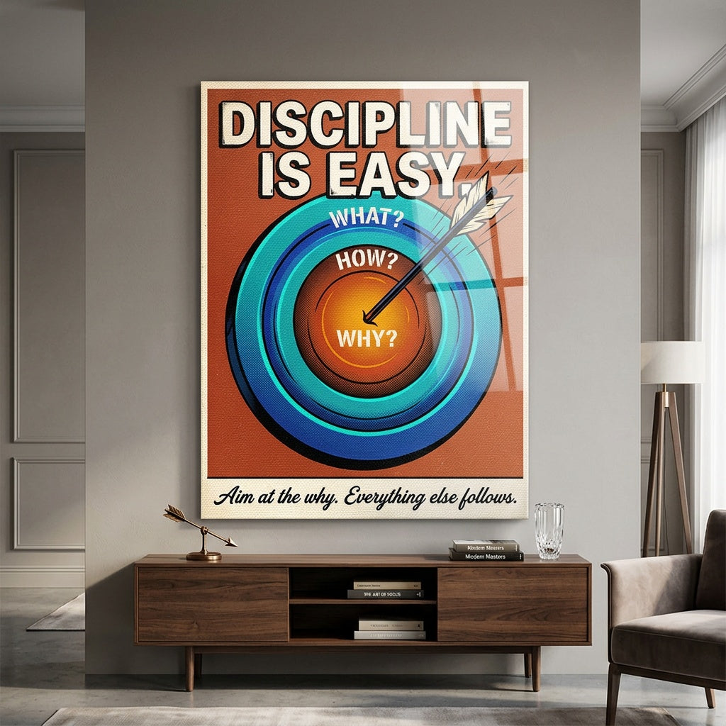 Acrylglasbild Discipline Is Easy an der Wand eines modernen Wohnraums