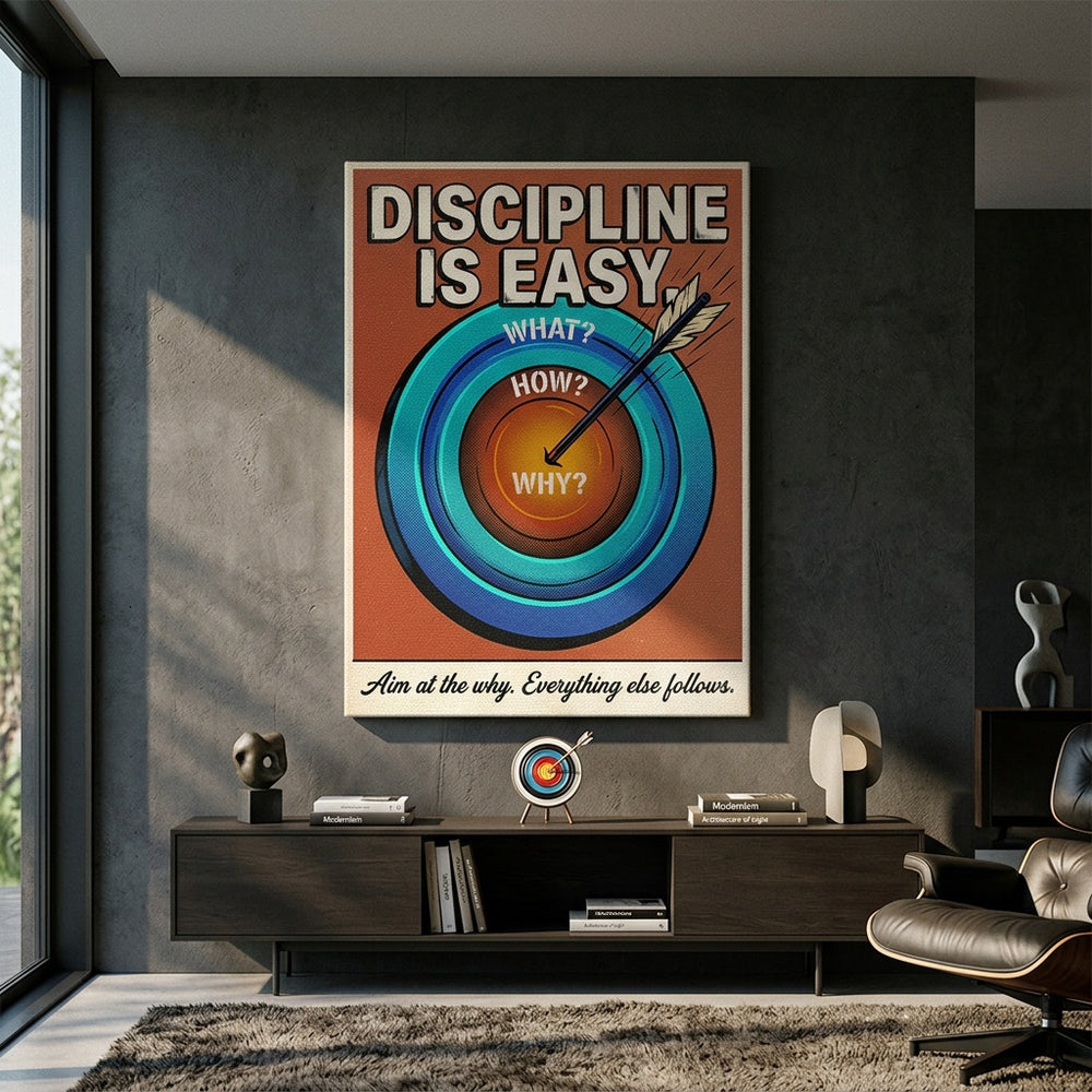 Leinwandbild Discipline Is Easy an der Wand eines modernen Wohnraums