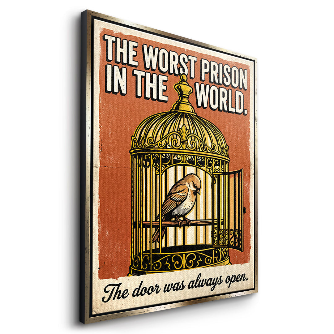 Seitenansicht des Leinwandbilds The Worst Prison In The World im goldenen Rahmen