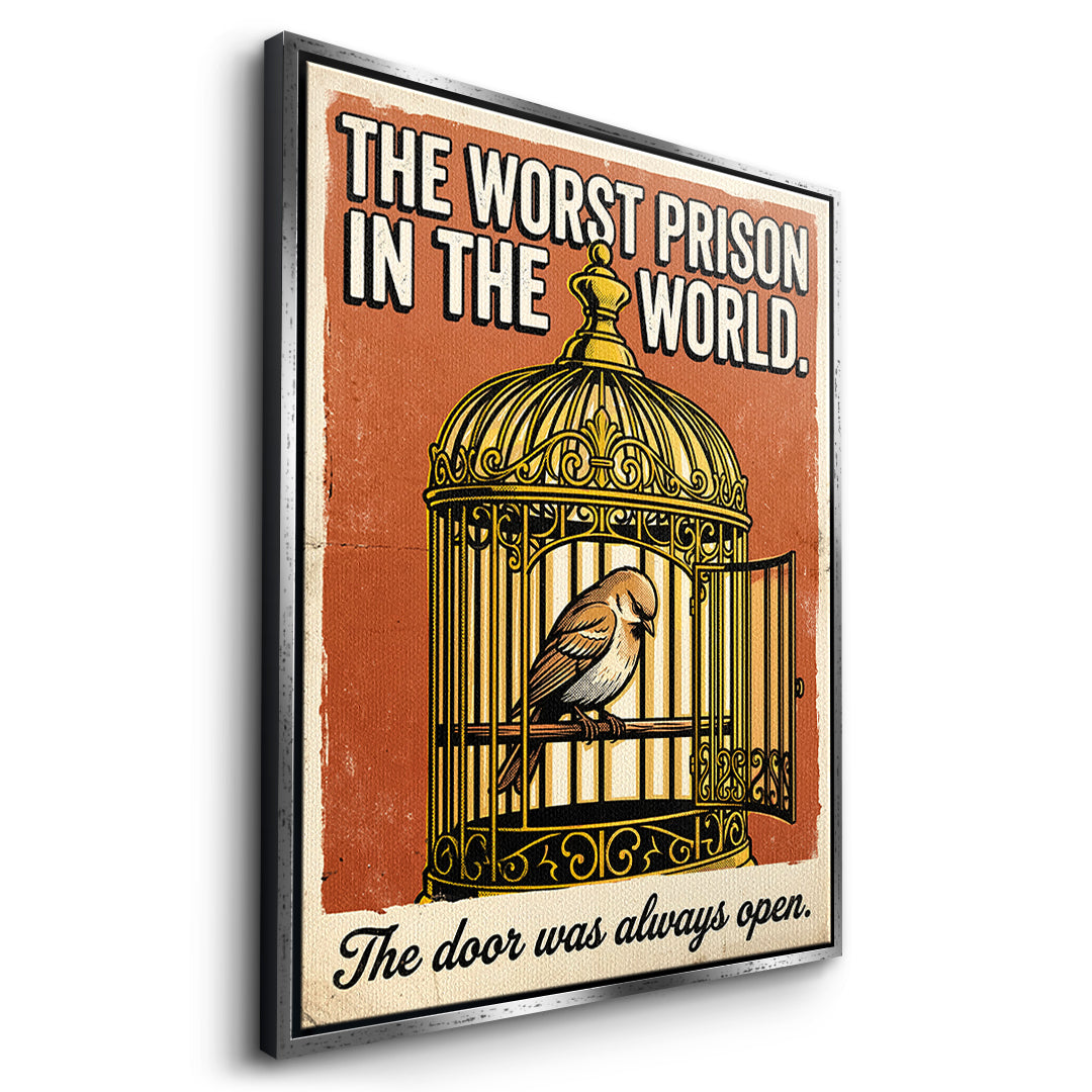 Seitenansicht des Leinwandbilds The Worst Prison In The World im silbernen Rahmen
