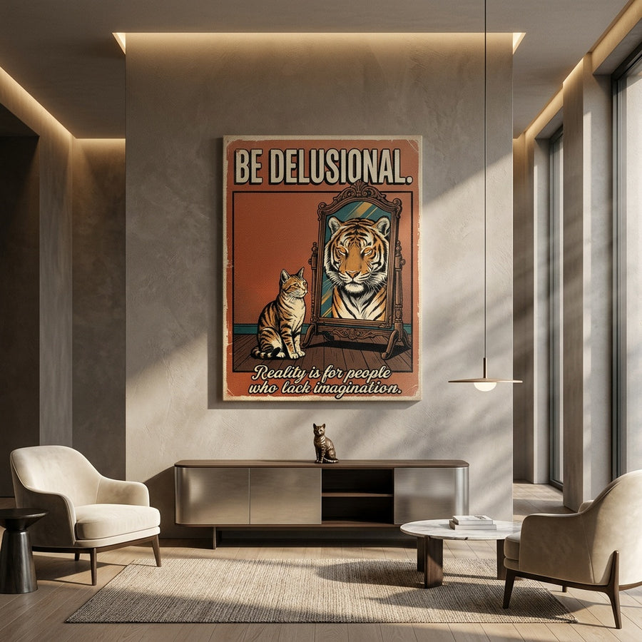 Leinwandbild Be Delusional an der Wand eines modernen Wohnraums
