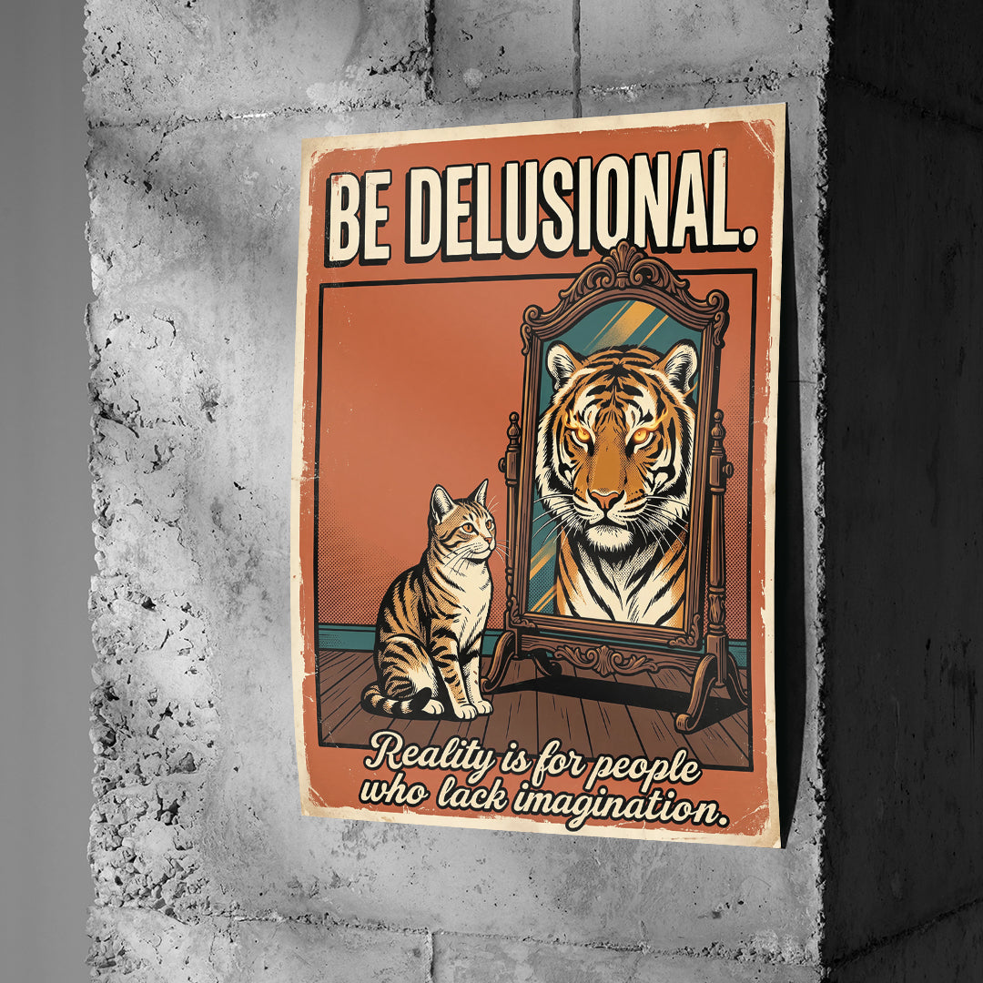 Poster Be Delusional an einer Betonwand
