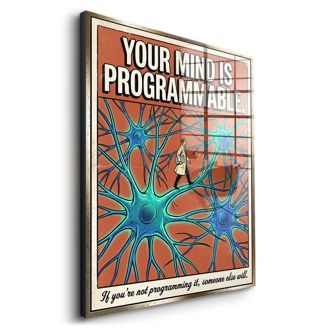 Seitenansicht des Acrylglasbilds Your Mind Is Programmable im goldenen Rahmen