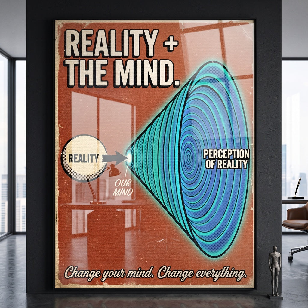 Acrylglasbild Reality + The Mind an der Wand eines modernen Wohnraums