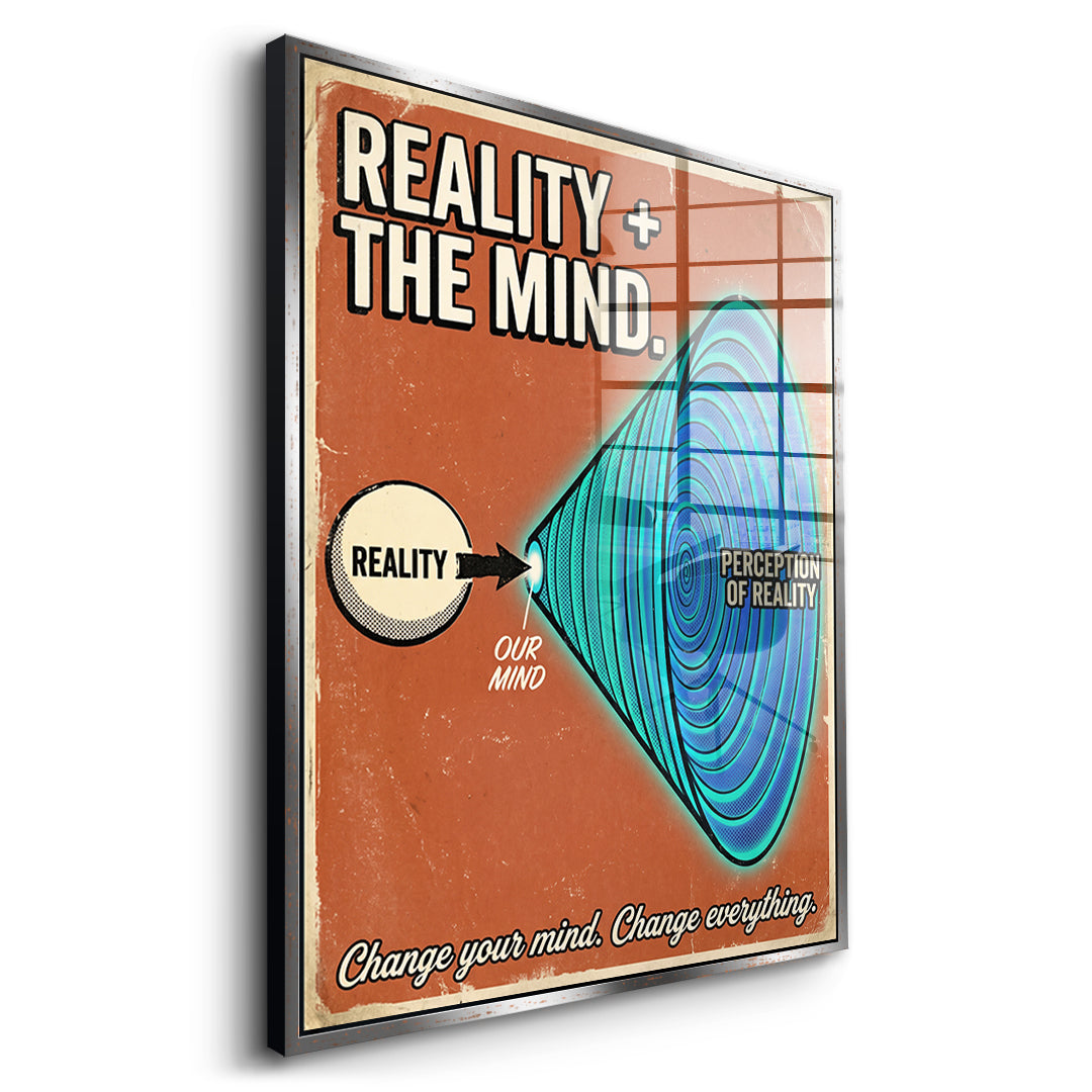 Seitenansicht des Acrylglasbilds Reality + The Mind im silbernen Rahmen