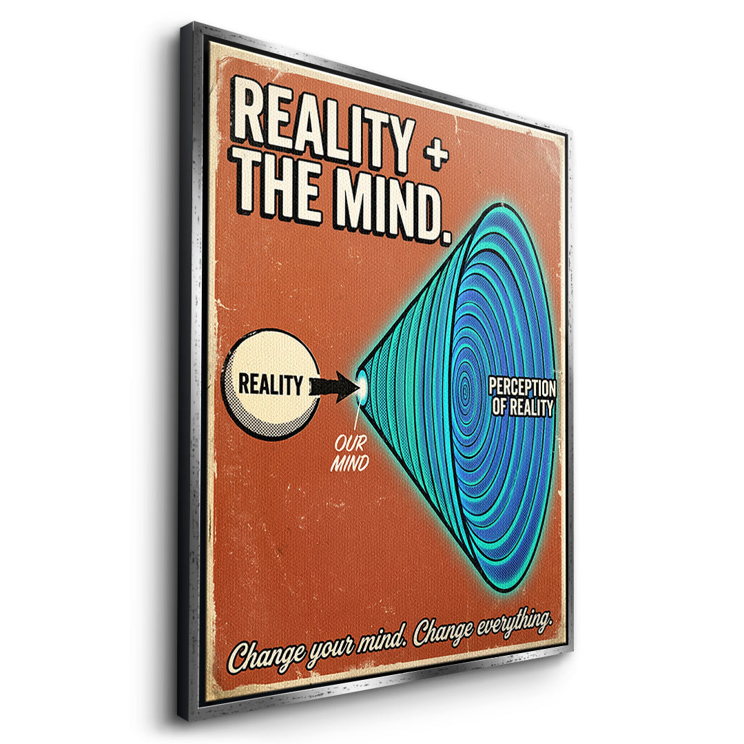 Seitenansicht des Leinwandbilds Reality + The Mind im silbernen Rahmen