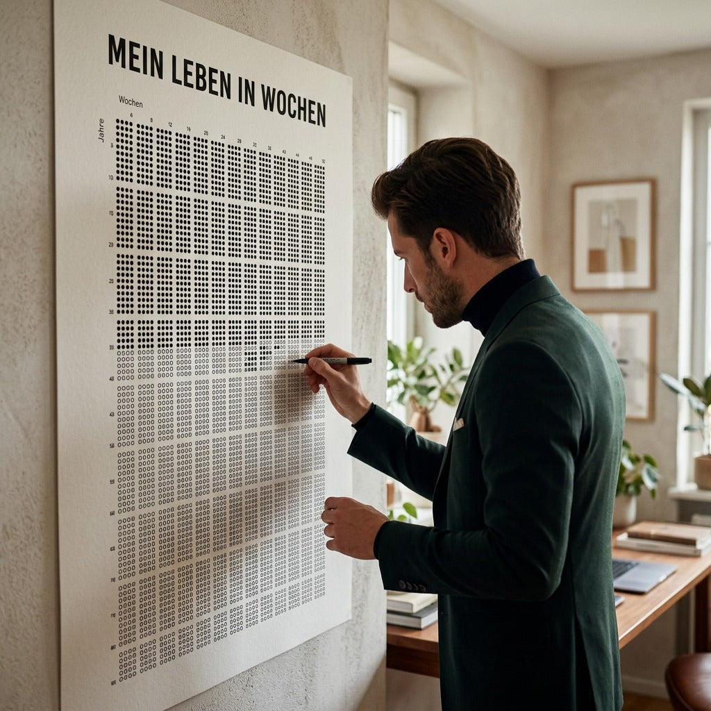 Poster My Life In Weeks (Deutsch) an der Wand eines modernen Wohnraums