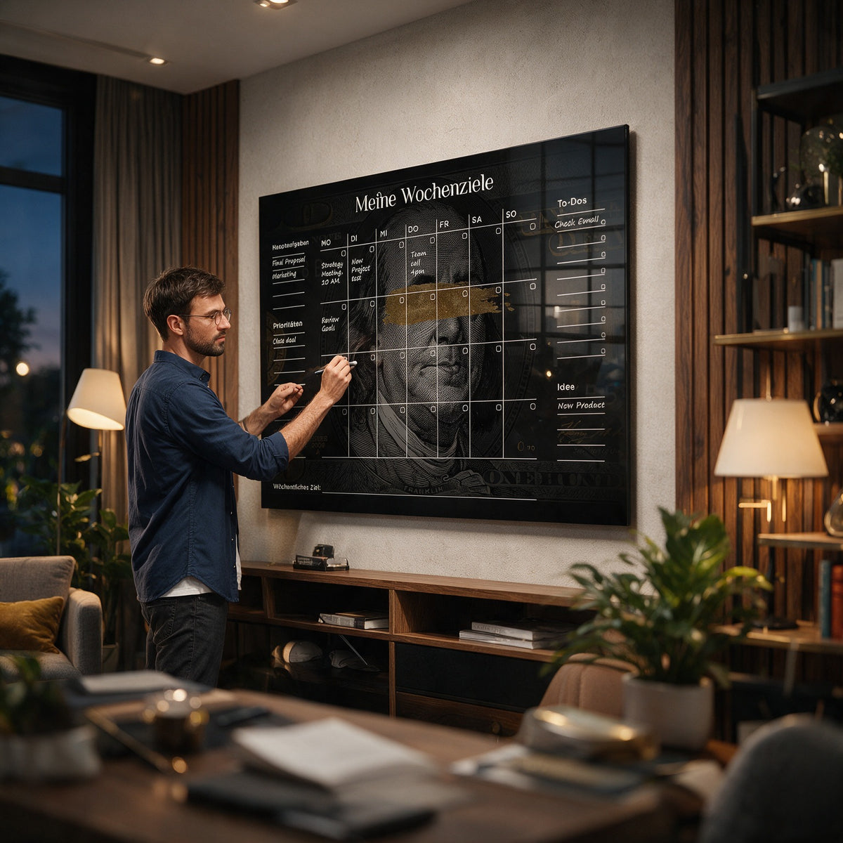 Acrylglasbild Success Planner 1.0 (Deutsch) an der Wand eines modernen Wohnraums