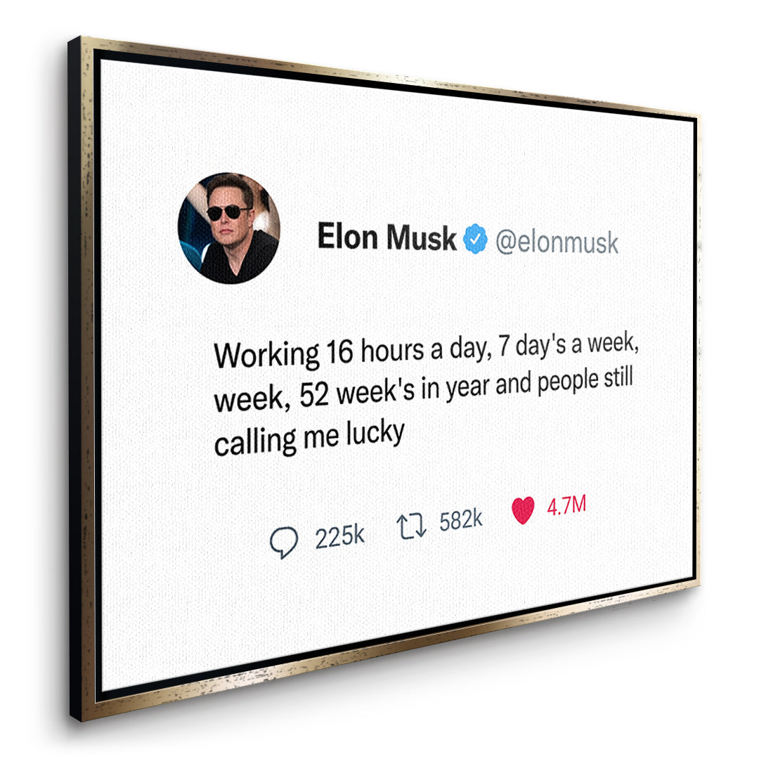 Seitenansicht des Leinwandbilds Twite Elon Musk im goldenen Rahmen
