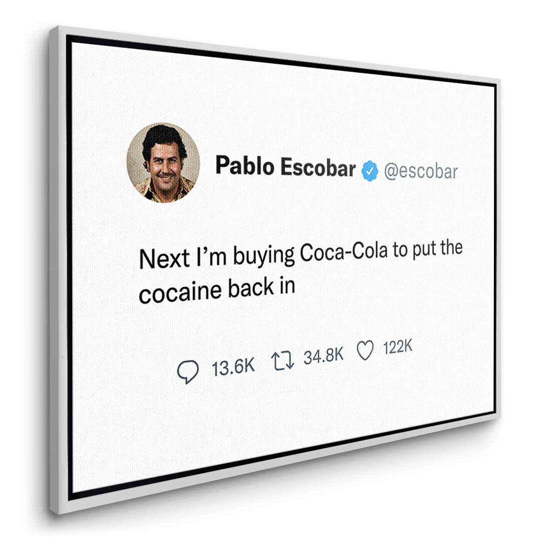 Seitenansicht des Leinwandbilds Twite Pablo Escobar im weißen Rahmen