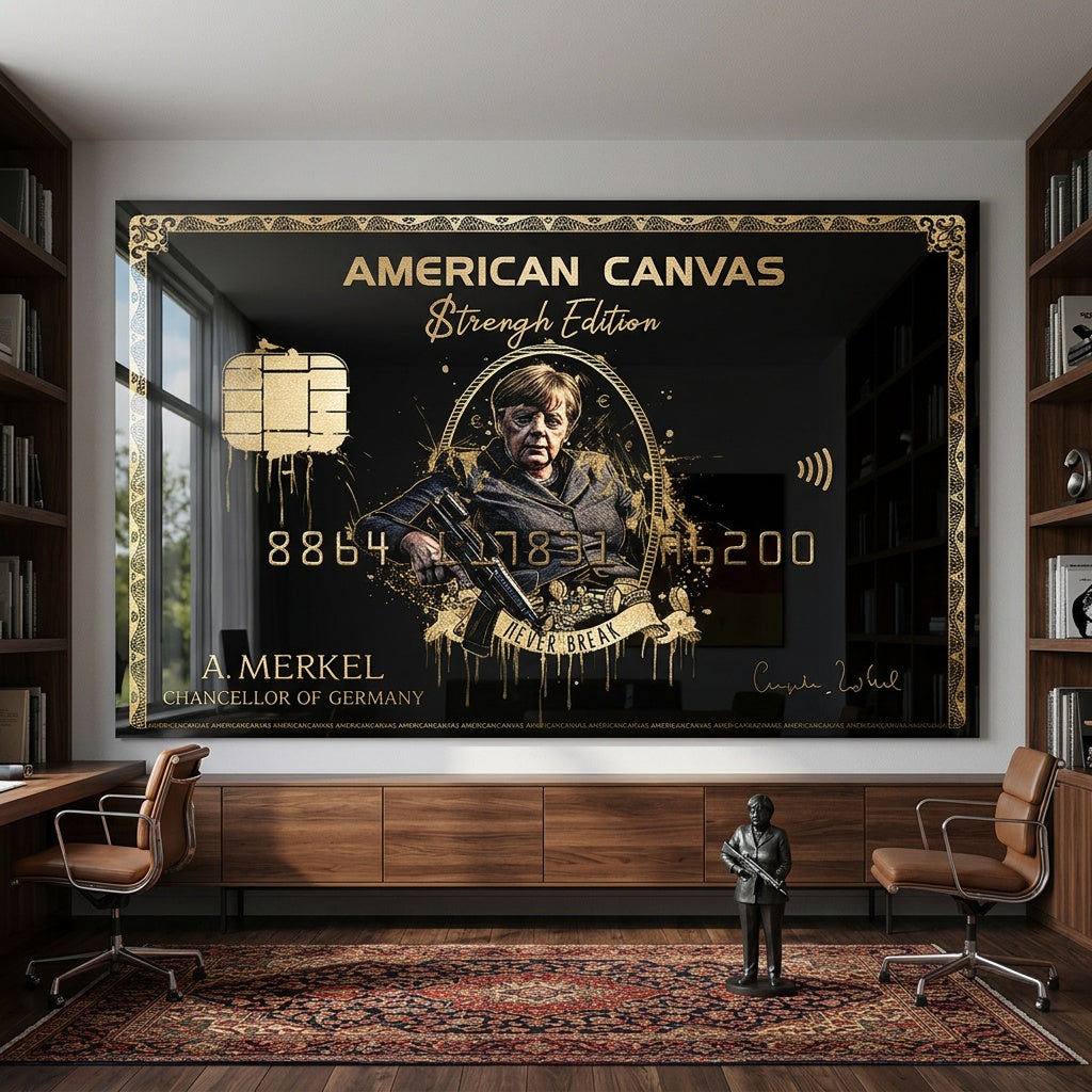 Acrylglasbild Royal American Canvas Angela Merkel an der Wand eines modernen Wohnraums