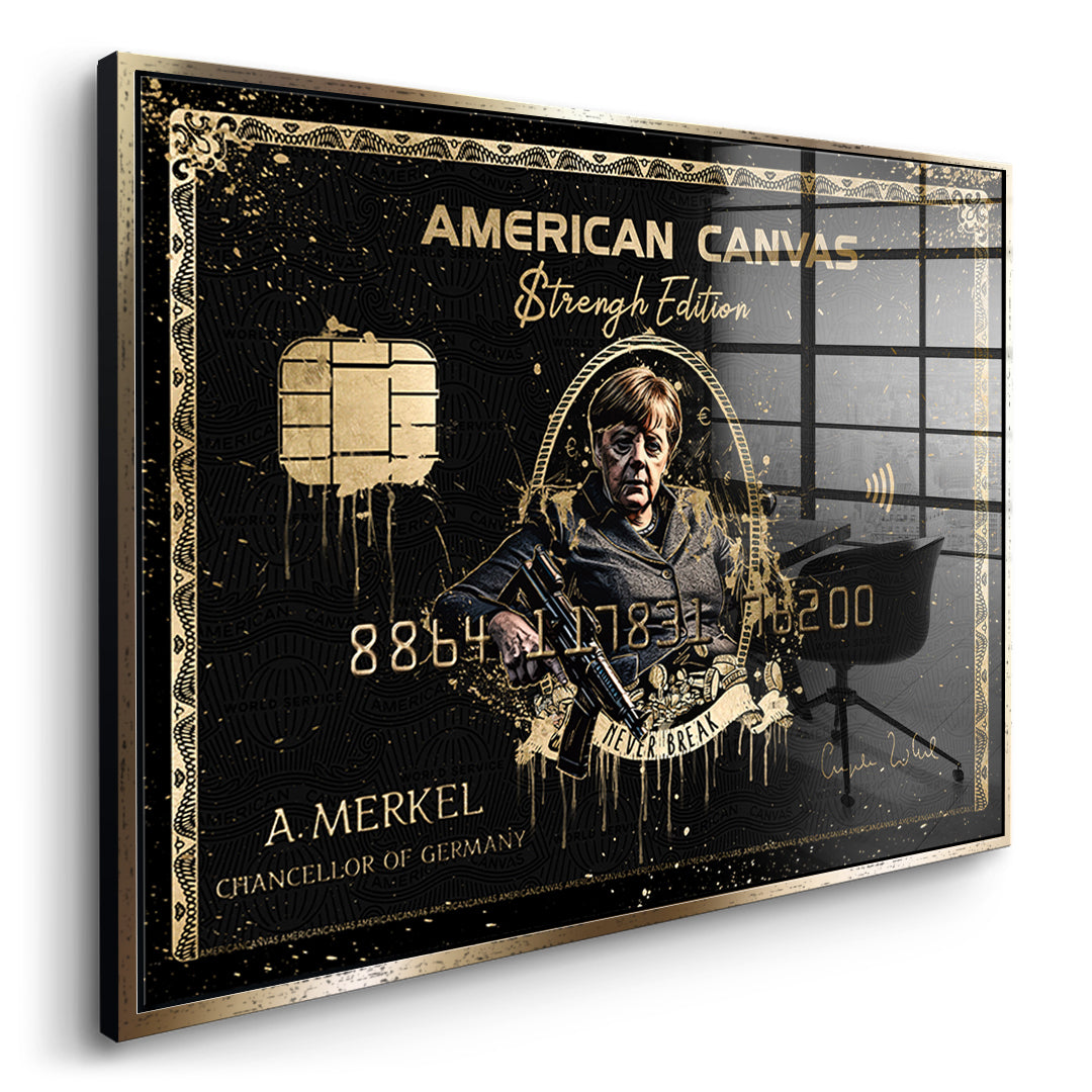 Seitenansicht des Acrylglasbilds Royal American Canvas Angela Merkel im goldenen Rahmen