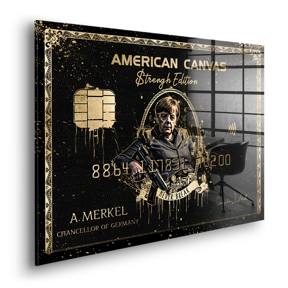 Seitenansicht des Acrylglasbilds Royal American Canvas Angela Merkel ohne Rahmen