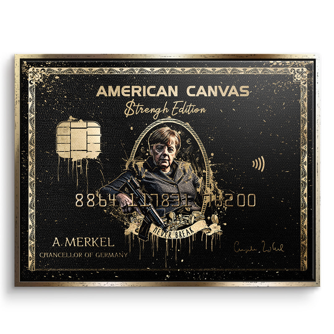 DOTCOMCANVAS Leinwandbild Royal American Canvas Angela Merkel im goldenen Premium-Rahmen